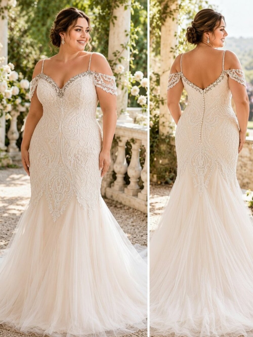 Plus Size Champagne Beaded Lace Mermaid Wedding Dress 3XL 24W 26W V-Back